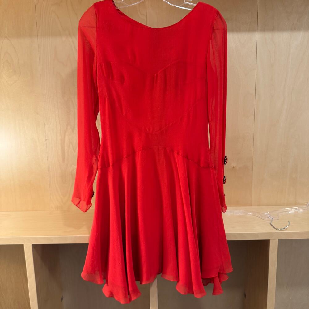 NWT Saloni Red 100% Silk Mini Dress AW2011 Beaded Cuff Sheer Sleeve Size Size 2